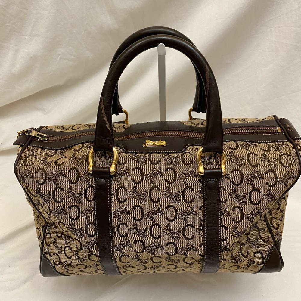 Celine C Horse Carriage Boston Vintage Handbag Canvas and Leather EUC